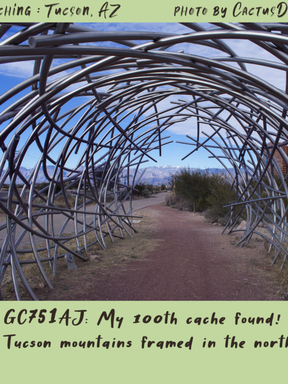 Geocaching in Tucson : my 100th find! Cocoon, a metal sculpture